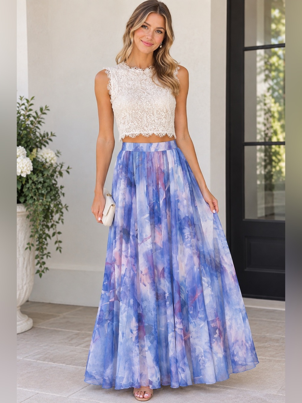 Chicwish Blue Watercolor Pleated Maxi Skirt